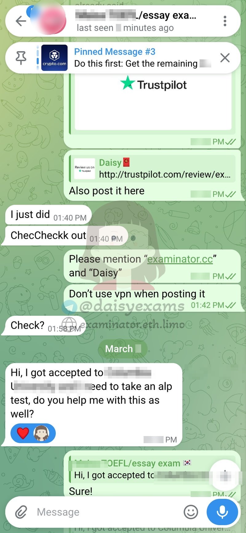 Chat message: the client says she was accepted to an Ivy League university and needs help with a placement test