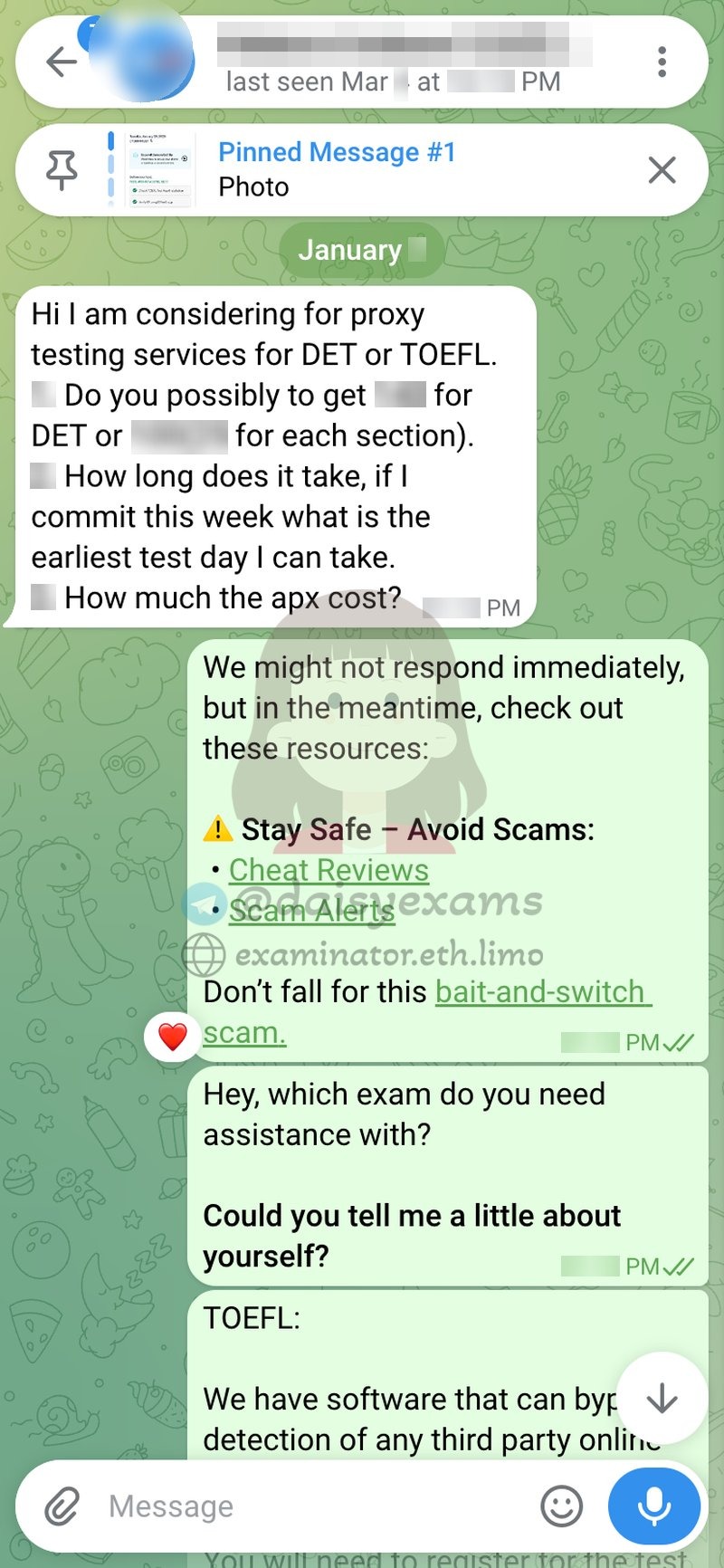 TOEFL proxy inquiry — client asks about target score, turnaround and cost; Daisy replies with scam-safety links