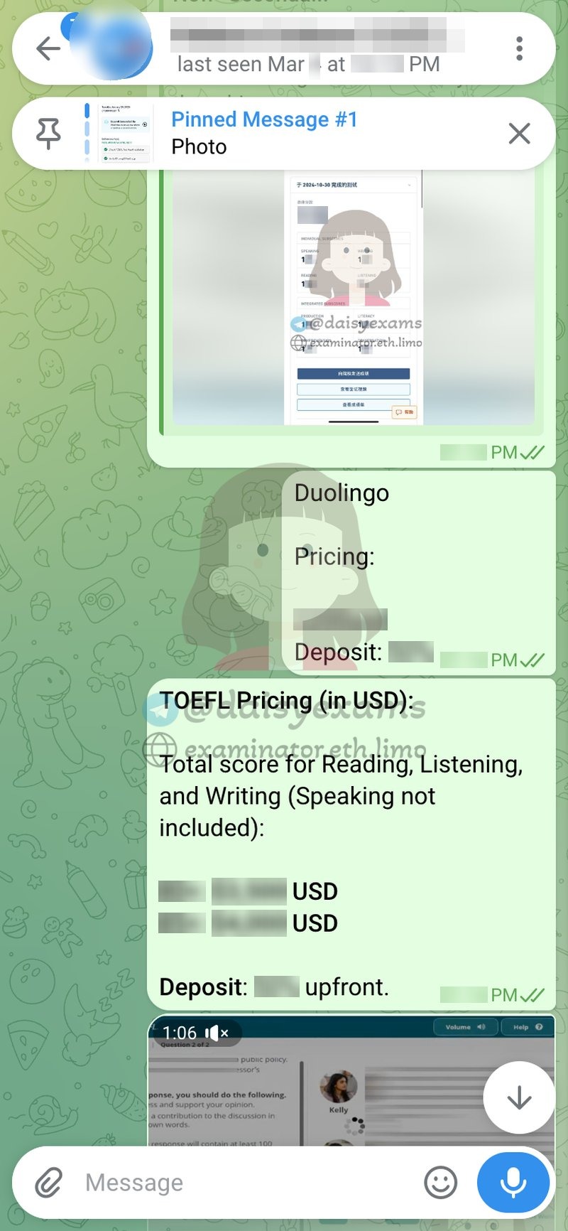 TOEFL proxy test pricing, tiered by Reading+Listening+Writing score with a crypto deposit