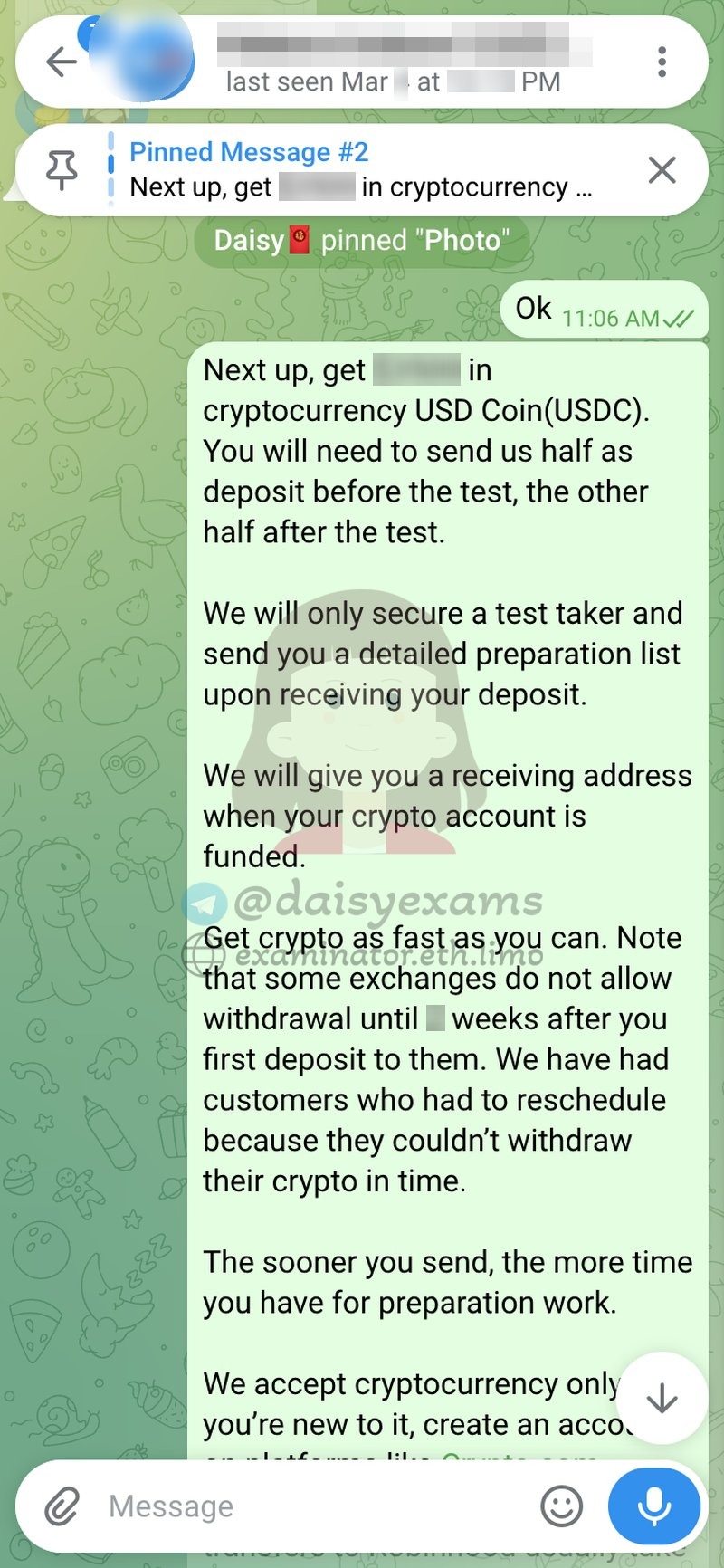 USDC deposit — half up front, half after the test; the deposit unlocks the prep list