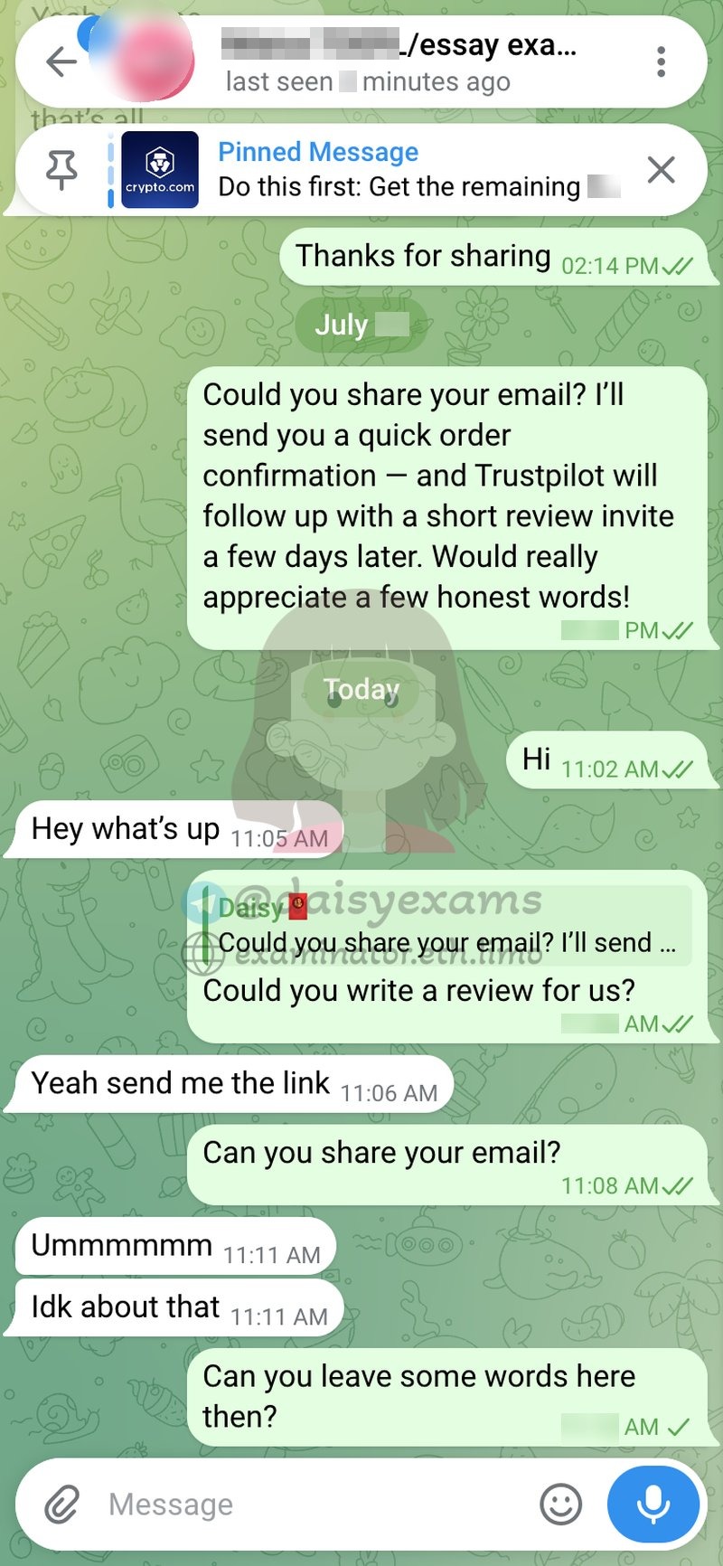 Following up for a review; she preferred to keep it private