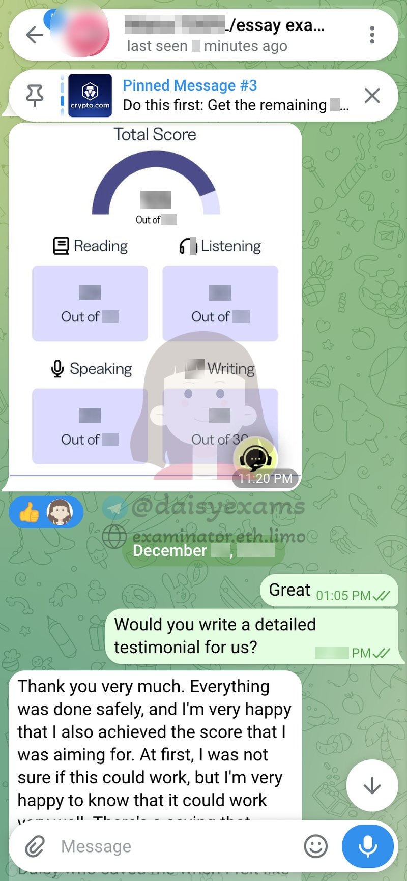 Soo-jin's TOEFL score breakdown and testimonial shared in chat