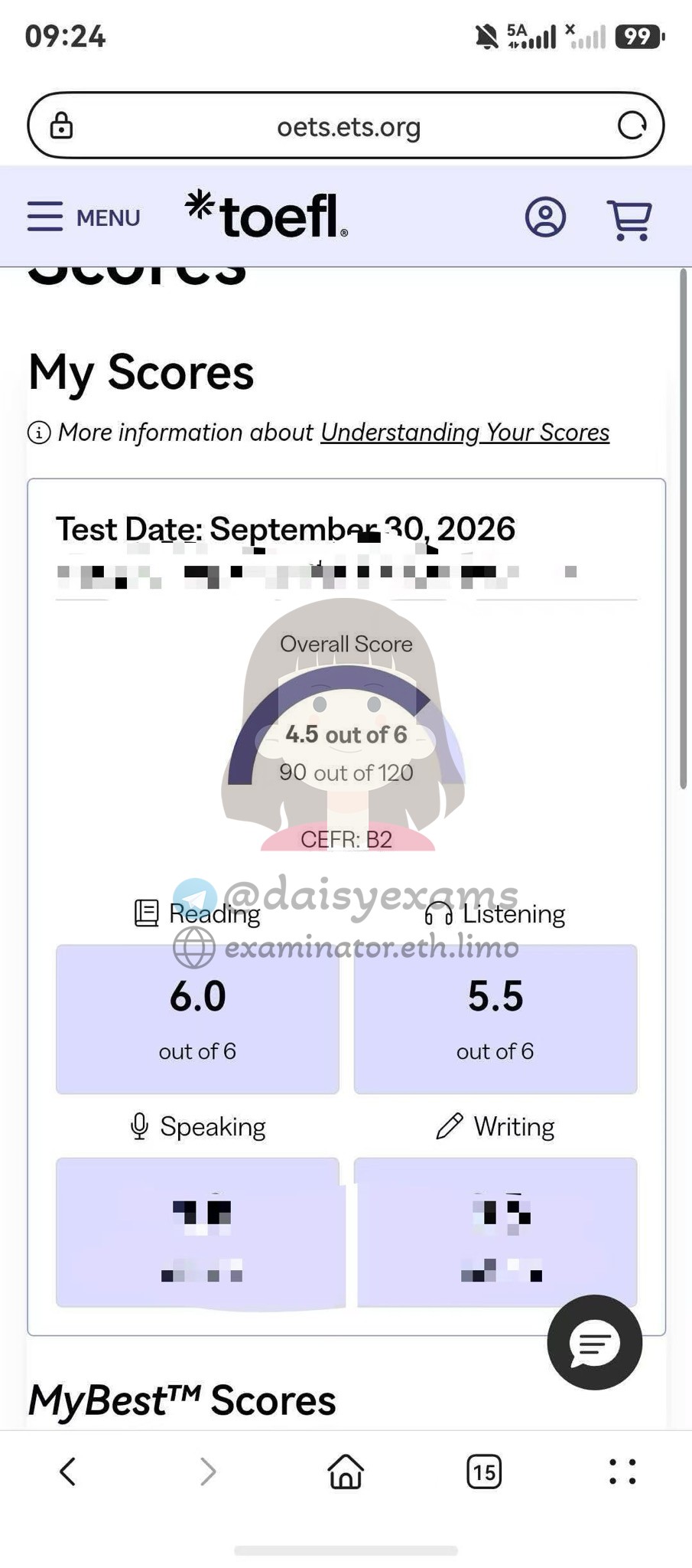 screenshot of chat logs for TOEFL Cheating success story #761